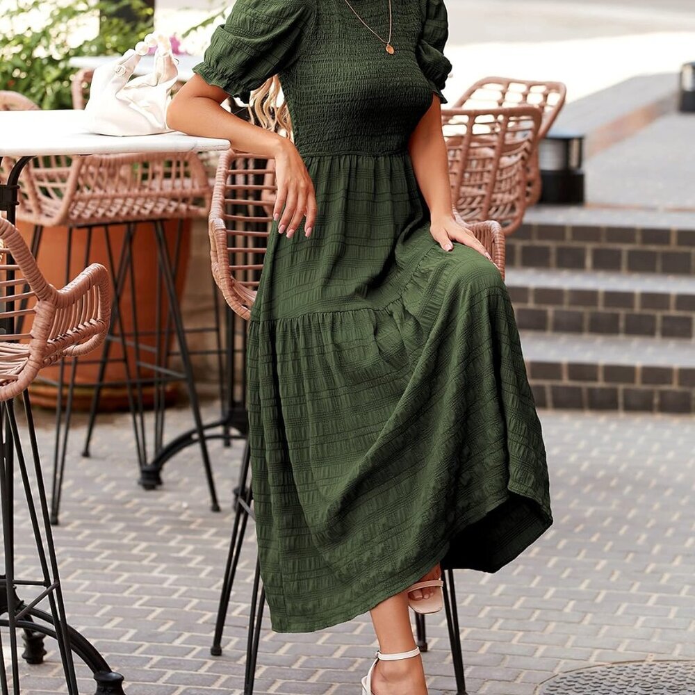 Womens Summer Dresses 2025 Casual Puff Short Sleeve Crewneck Smocked Flowy Ruffl - Picture 5 of 7